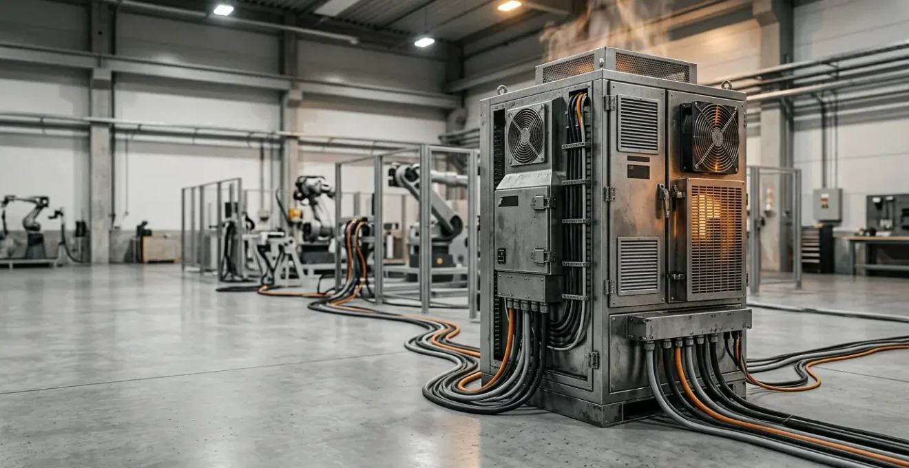 Armoire de contrôle robotique lors d'un test de charge thermique intensive en atelier industriel