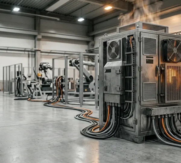 Armoire de contrôle robotique lors d'un test de charge thermique intensive en atelier industriel