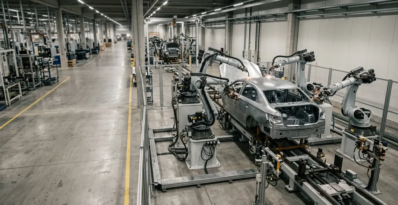 Ligne d'assemblage robotisée de caisse automobile avec multiples robots collaboratifs en action