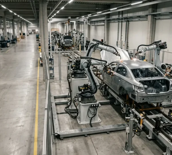 Ligne d'assemblage robotisée de caisse automobile avec multiples robots collaboratifs en action