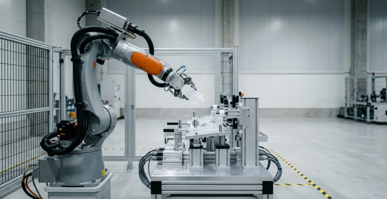 Bras robotique assemblant des composants plastiques avec precision sur une ligne de production industrielle