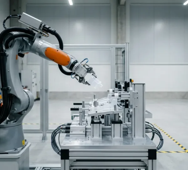 Bras robotique assemblant des composants plastiques avec precision sur une ligne de production industrielle