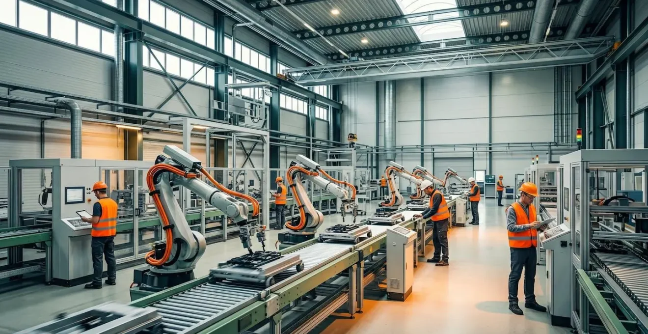Environnement industriel moderne avec équipements automatisés et opérateurs en collaboration sur une ligne de production active