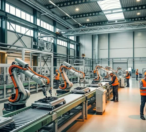 Environnement industriel moderne avec équipements automatisés et opérateurs en collaboration sur une ligne de production active