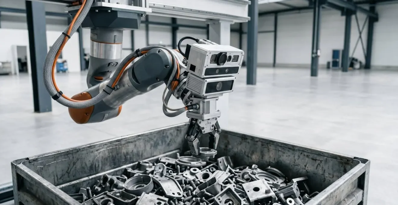 Bras robotique industriel équipé d'un système de vision 3D effectuant une opération de dévracage de pièces métalliques dans un environnement de production automatisé