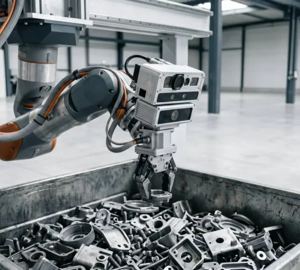 Bras robotique industriel équipé d'un système de vision 3D effectuant une opération de dévracage de pièces métalliques dans un environnement de production automatisé