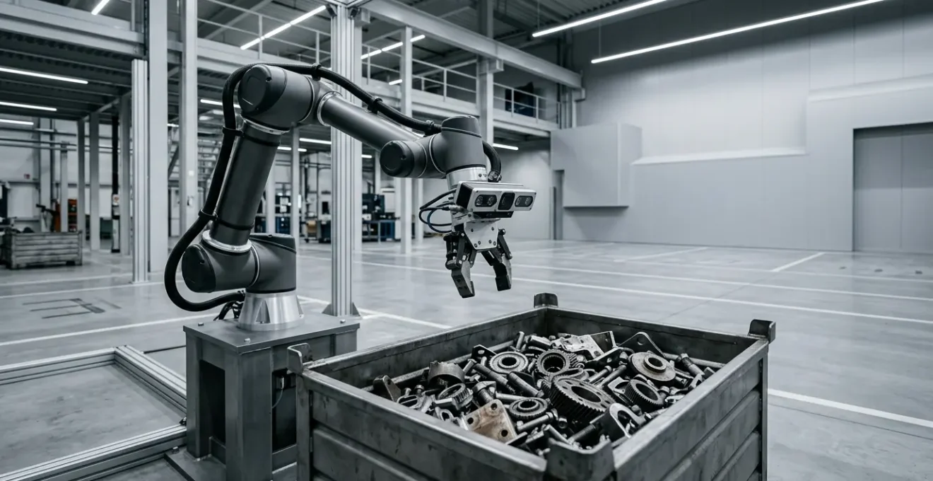 Bras robotique industriel équipé d'une caméra 3D au-dessus d'un bac contenant des pièces métalliques en vrac