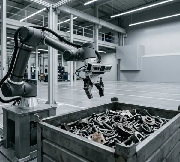 Bras robotique industriel équipé d'une caméra 3D au-dessus d'un bac contenant des pièces métalliques en vrac