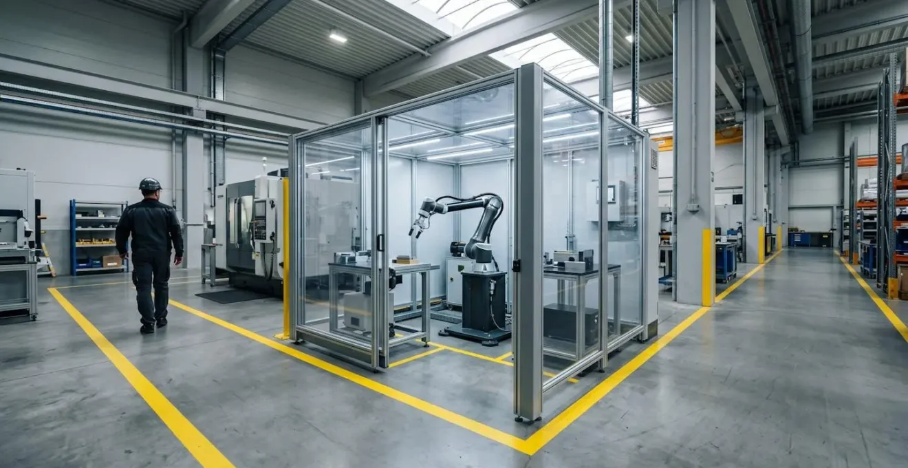 Cellule robotisée industrielle dans un atelier à espace restreint avec protections de sécurité