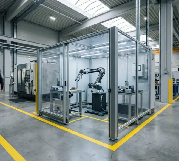 Cellule robotisée industrielle dans un atelier à espace restreint avec protections de sécurité
