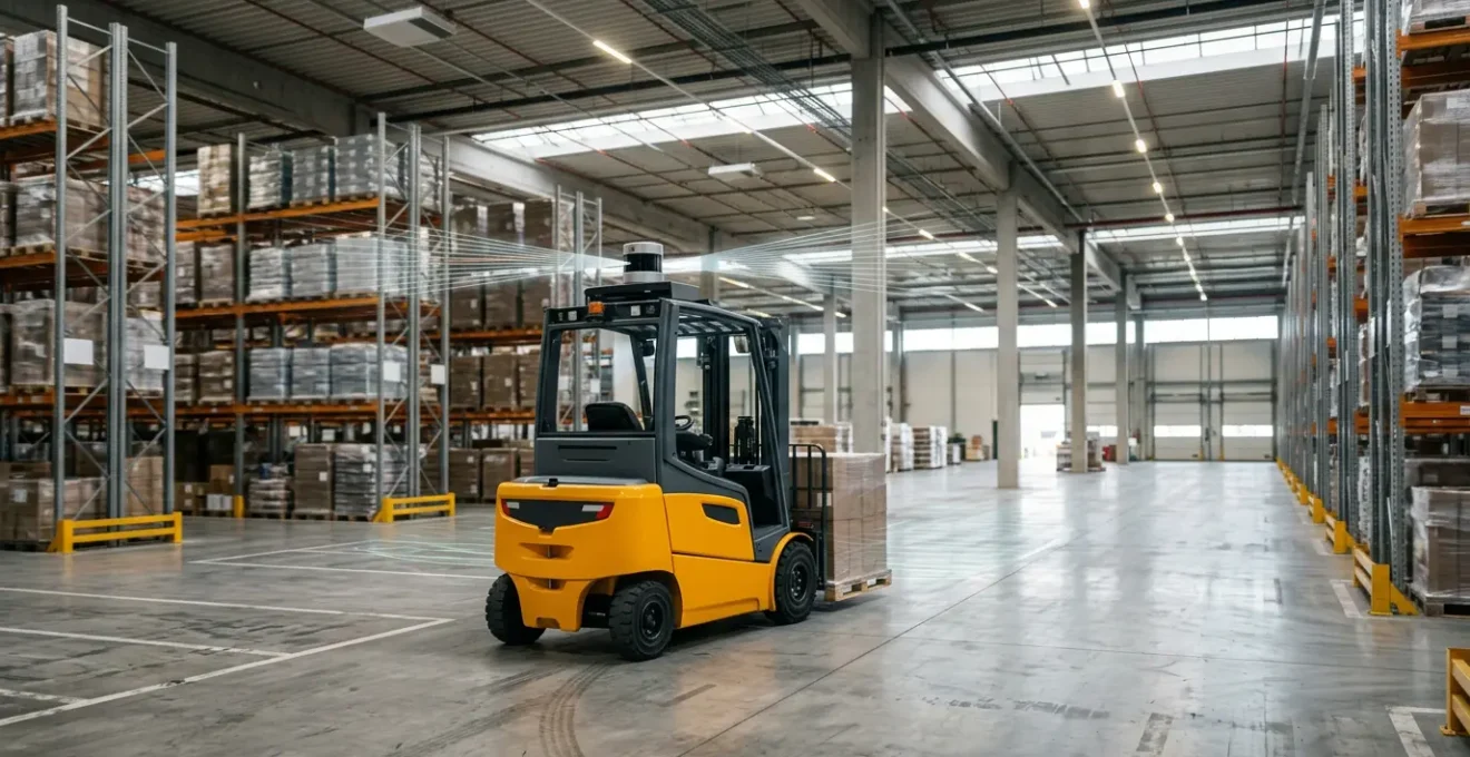 Chariot élévateur autonome équipé d'un capteur Lidar 2D naviguant de manière sécurisée dans un entrepôt industriel moderne
