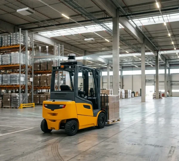 Chariot élévateur autonome équipé d'un capteur Lidar 2D naviguant de manière sécurisée dans un entrepôt industriel moderne