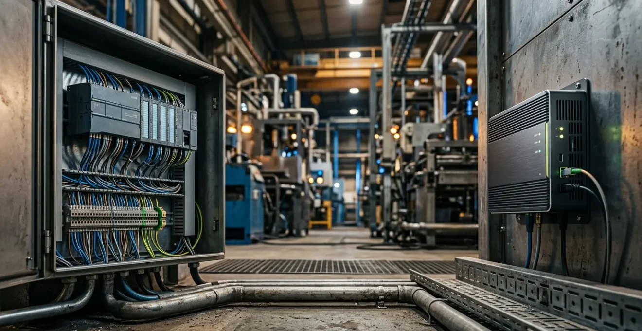 Environnement industriel moderne montrant la dichotomie entre automatisation traditionnelle et systèmes informatiques embarqués