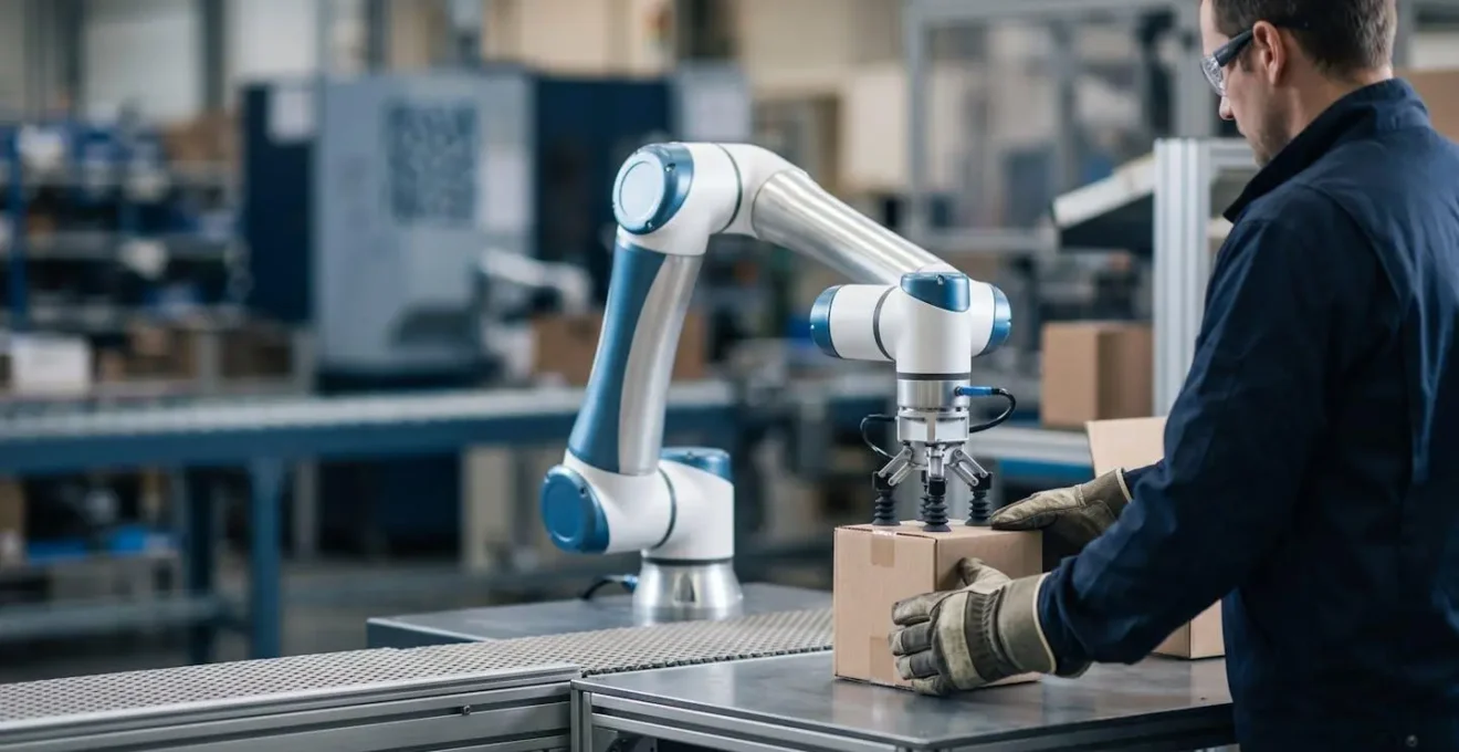Bras robotique collaboratif travaillant cote a cote avec un operateur dans un environnement industriel moderne