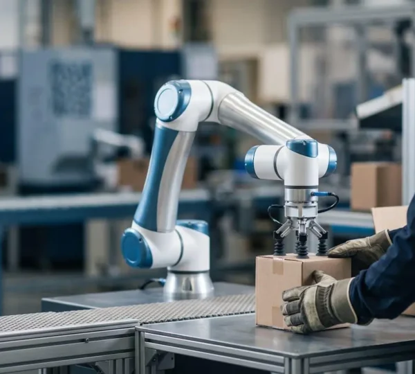 Bras robotique collaboratif travaillant cote a cote avec un operateur dans un environnement industriel moderne