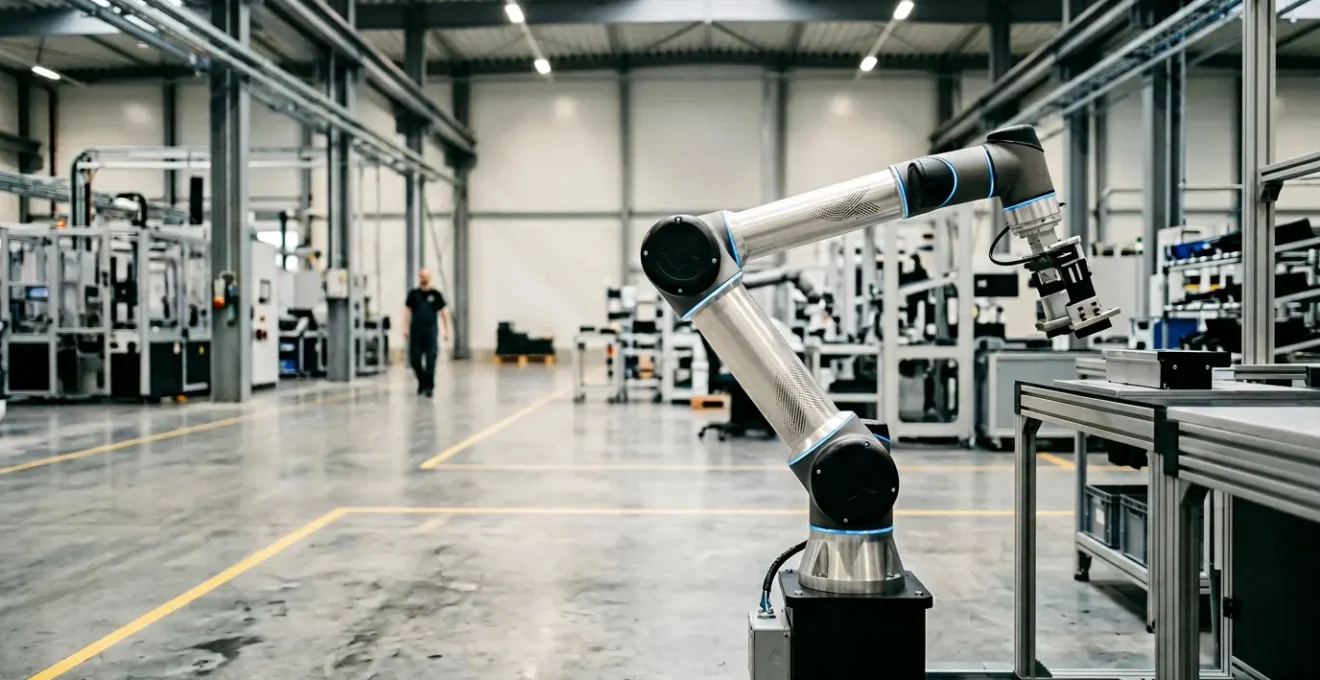 Bras robotique collaboratif en environnement industriel avec détection de contact et système de sécurité actif