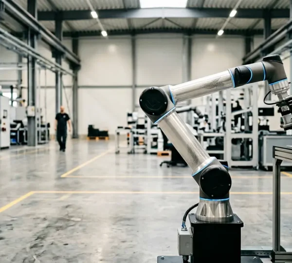 Bras robotique collaboratif en environnement industriel avec détection de contact et système de sécurité actif