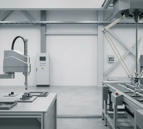 Vue d'atelier industriel moderne montrant un robot SCARA et un robot Delta en action sur une ligne d'assemblage automatisée