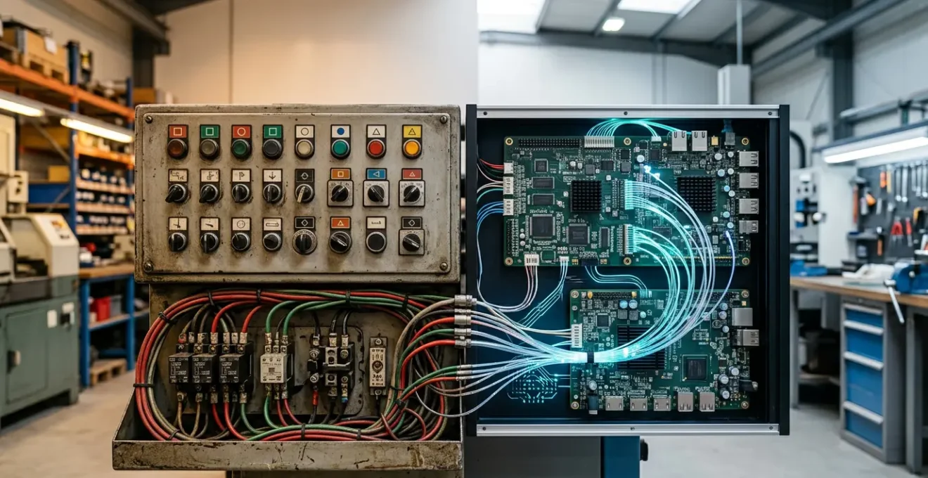 Comparaison visuelle entre intelligence artificielle et programmation traditionnelle dans l'environnement industriel moderne