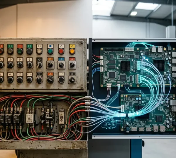 Comparaison visuelle entre intelligence artificielle et programmation traditionnelle dans l'environnement industriel moderne