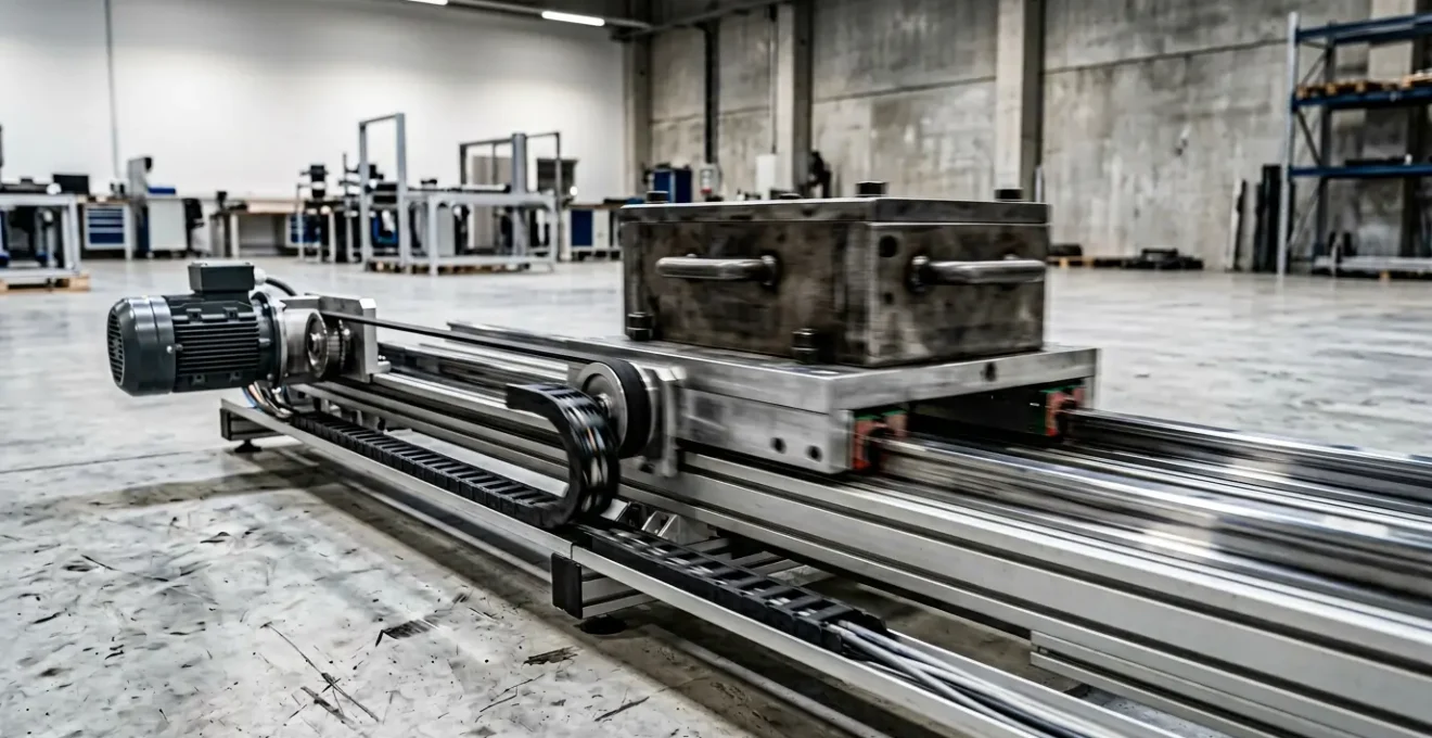 Système de déplacement industriel robotique avec charge lourde en mouvement sur axe linéaire dans un environnement manufacturier moderne