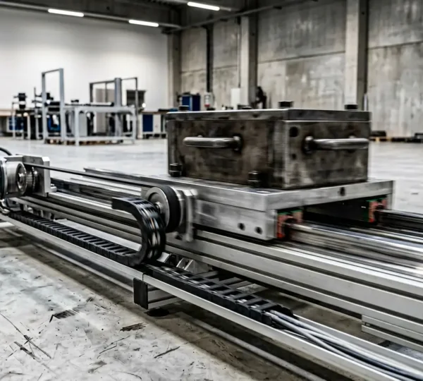 Système de déplacement industriel robotique avec charge lourde en mouvement sur axe linéaire dans un environnement manufacturier moderne