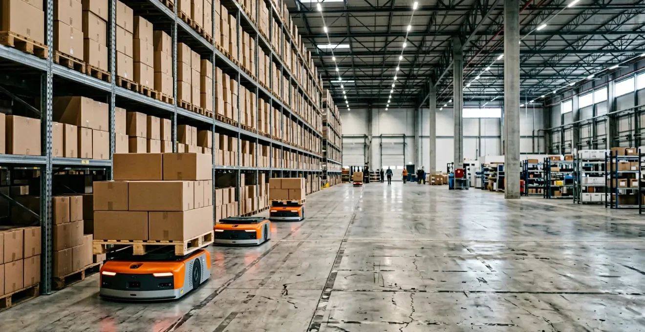 Robots AGV naviguant dans un entrepôt logistique encombré avec palettes et allées étroites