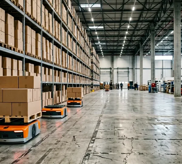 Robots AGV naviguant dans un entrepôt logistique encombré avec palettes et allées étroites