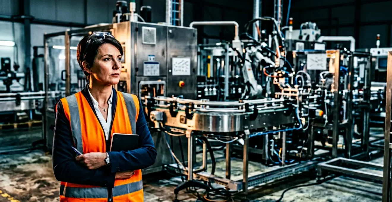 Directeur d'usine face à une ligne de production moderne, symbolisant la responsabilité juridique liée au marquage CE