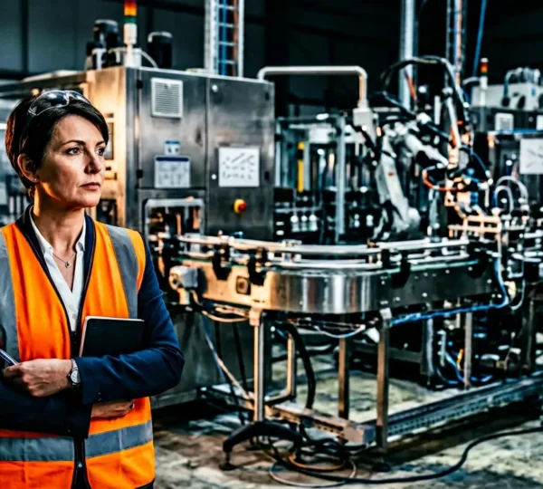 Directeur d'usine face à une ligne de production moderne, symbolisant la responsabilité juridique liée au marquage CE