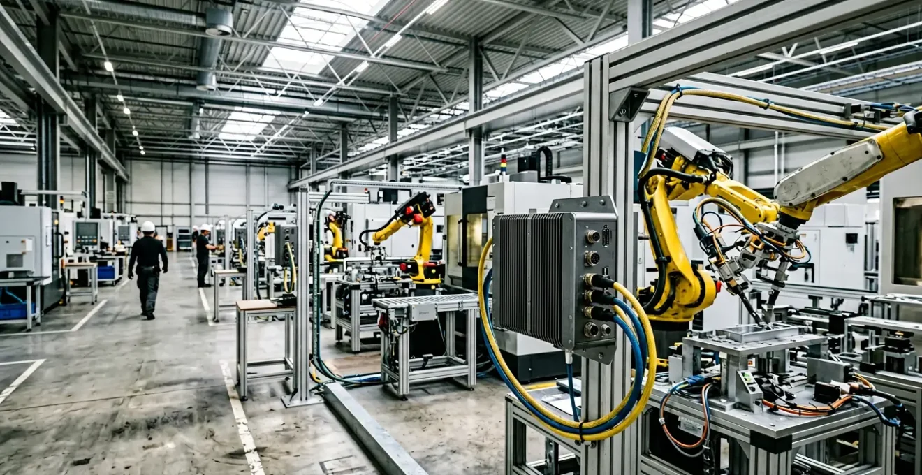 Installation industrielle moderne avec équipements edge computing au pied des machines de production