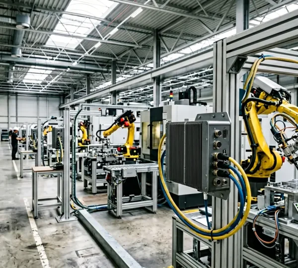 Installation industrielle moderne avec équipements edge computing au pied des machines de production
