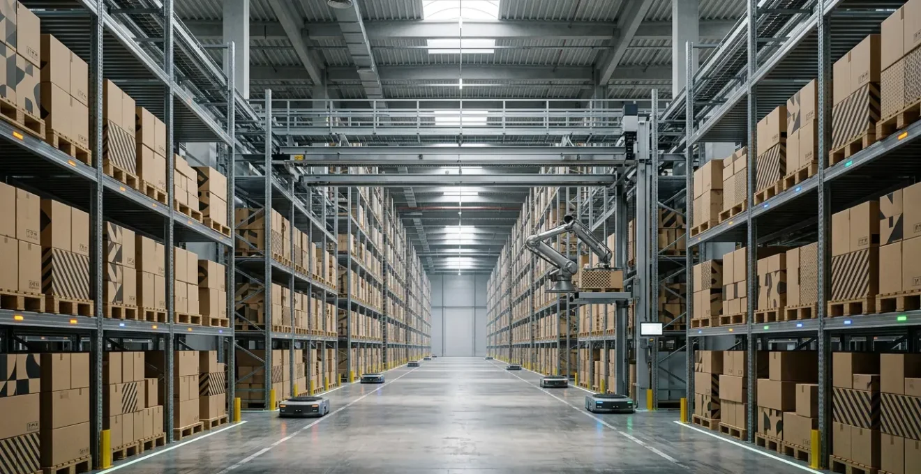 Entrepôt moderne avec systèmes automatisés de gestion de stock atteignant une précision maximale