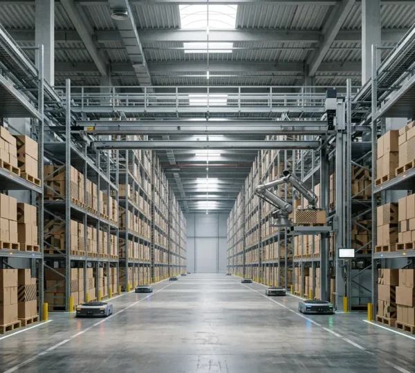 Entrepôt moderne avec systèmes automatisés de gestion de stock atteignant une précision maximale
