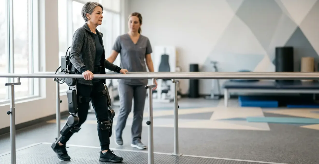 Patient en rééducation avec exosquelette robotique pour réapprendre à marcher grâce à la neuroplasticité