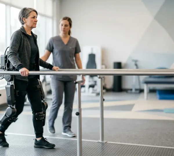 Patient en rééducation avec exosquelette robotique pour réapprendre à marcher grâce à la neuroplasticité