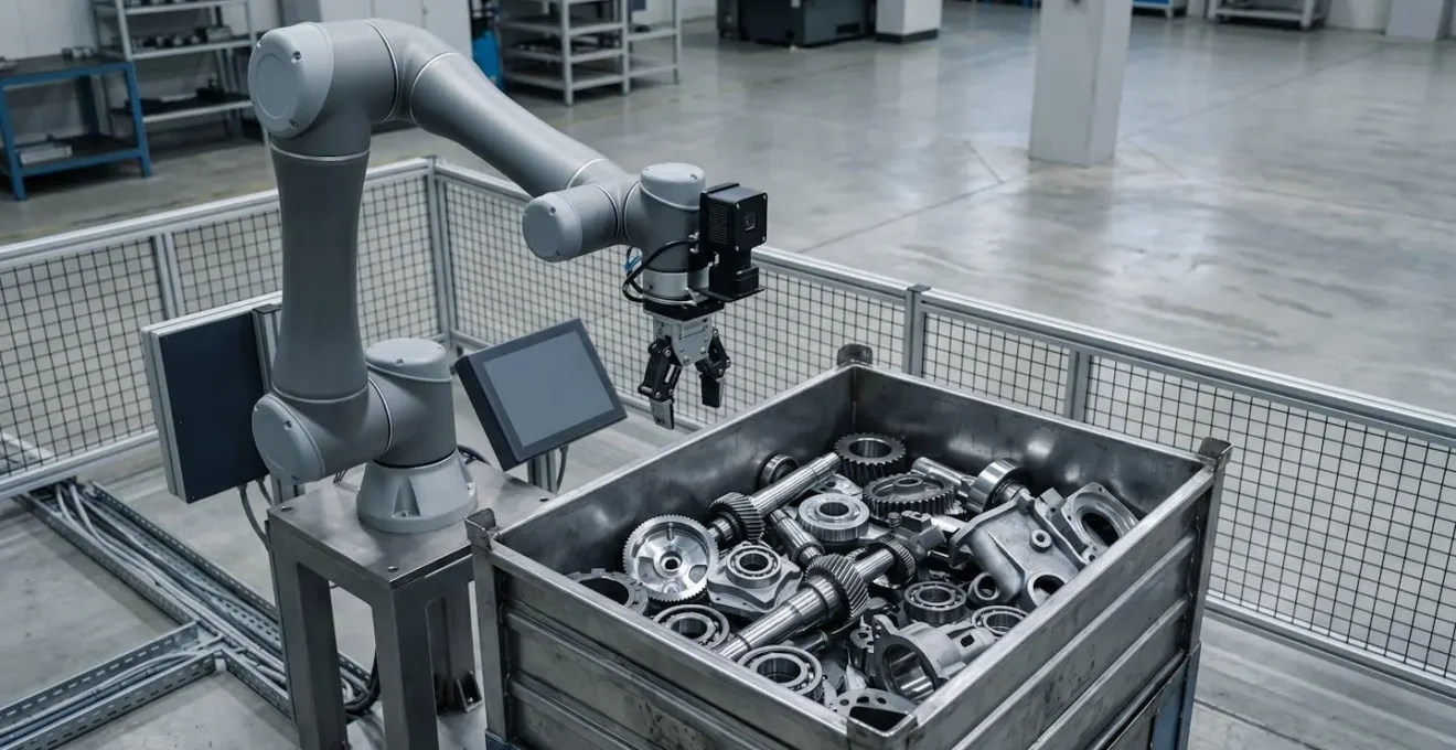 Bras robotique industriel avec système de vision 3D captant des pièces métalliques dans un environnement de production moderne