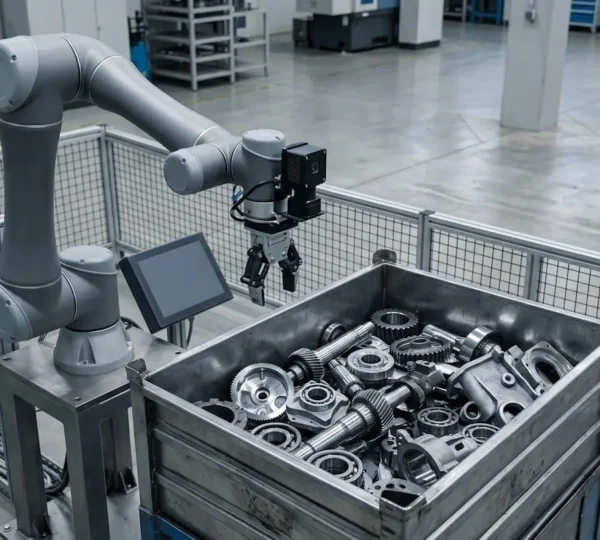 Bras robotique industriel avec système de vision 3D captant des pièces métalliques dans un environnement de production moderne