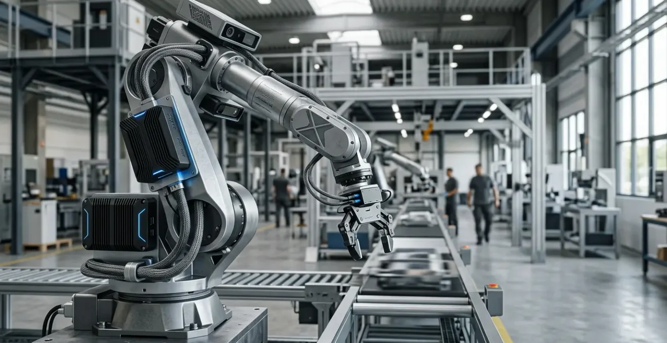 Robot industriel équipé de système de vision IA en environnement de production moderne