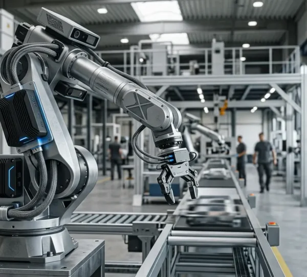 Robot industriel équipé de système de vision IA en environnement de production moderne