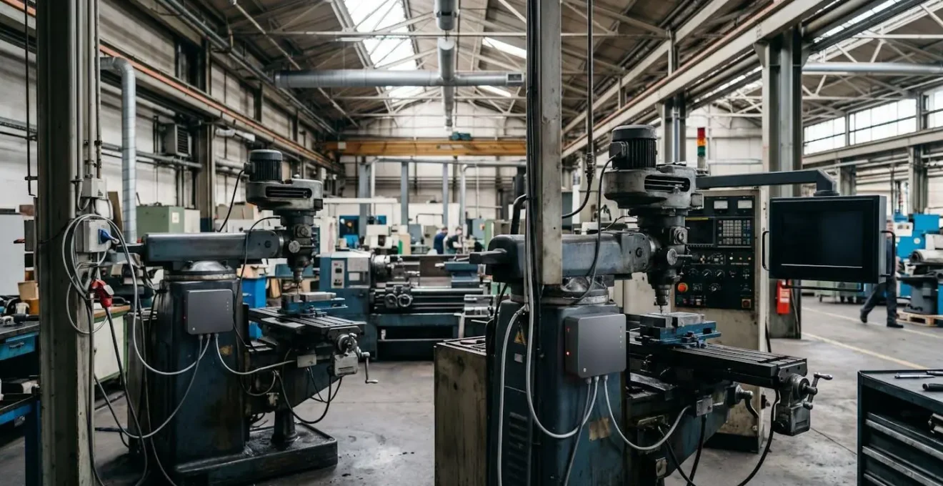 Atelier industriel moderne où cohabitent machines traditionnelles et technologies connectées