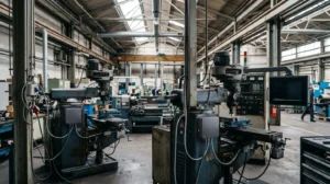 Atelier industriel moderne où cohabitent machines traditionnelles et technologies connectées