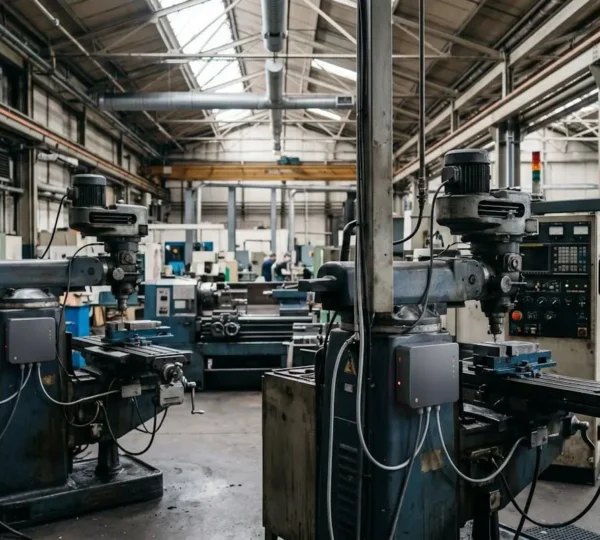 Atelier industriel moderne où cohabitent machines traditionnelles et technologies connectées