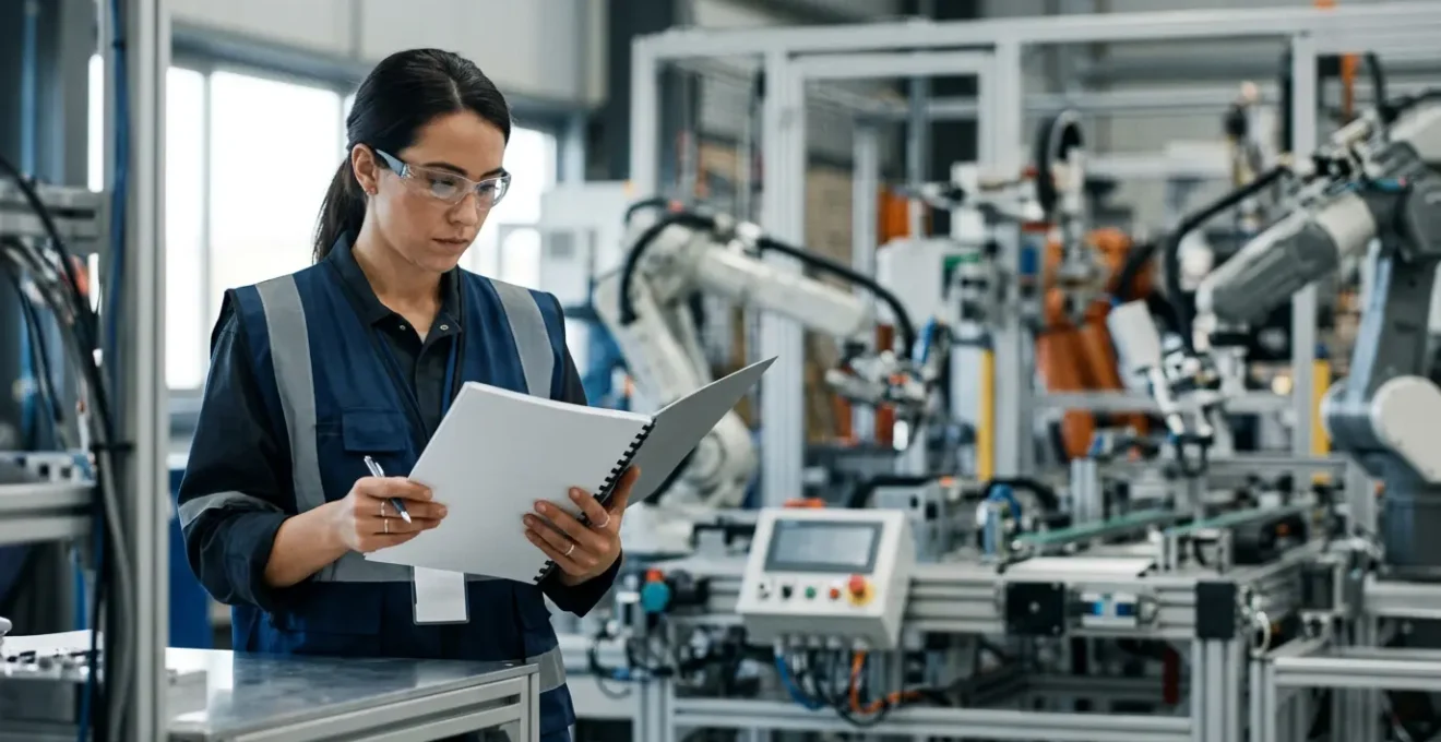 Ingénieur industriel vérifiant un cahier des charges d'automatisation dans un atelier de robotique moderne