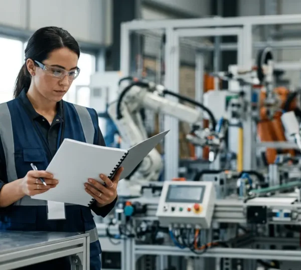 Ingénieur industriel vérifiant un cahier des charges d'automatisation dans un atelier de robotique moderne
