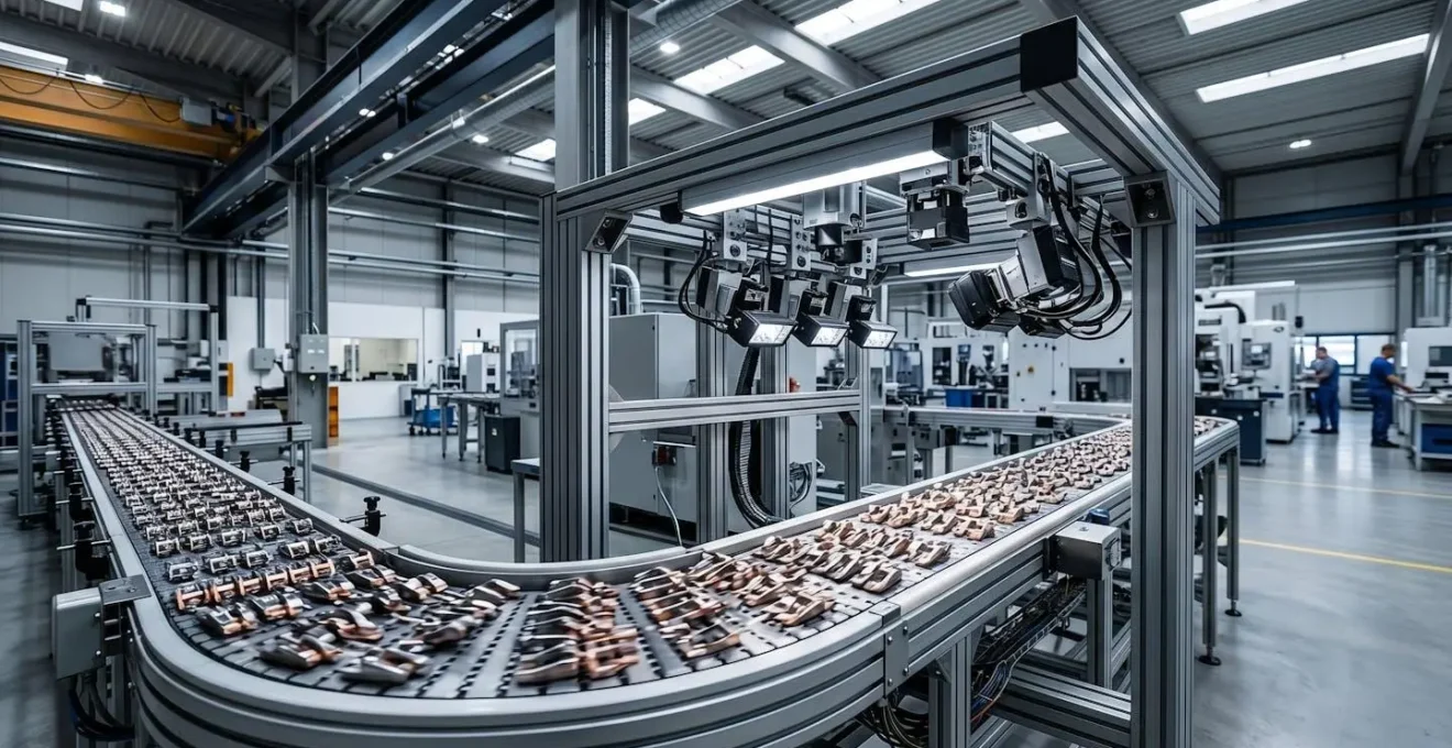 Système de vision industrielle inspectant des pièces métalliques à haute vitesse sur une ligne de production robotisée