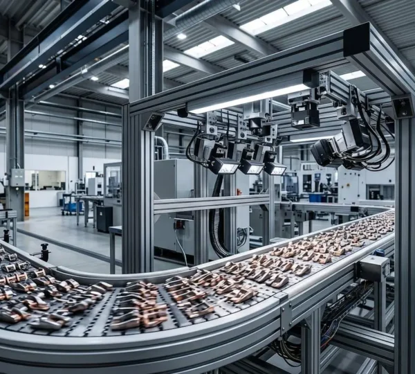 Système de vision industrielle inspectant des pièces métalliques à haute vitesse sur une ligne de production robotisée