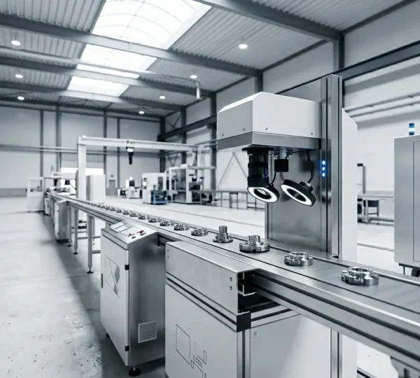 Système de vision industrielle analysant des pièces métalliques sur ligne de production automatisée