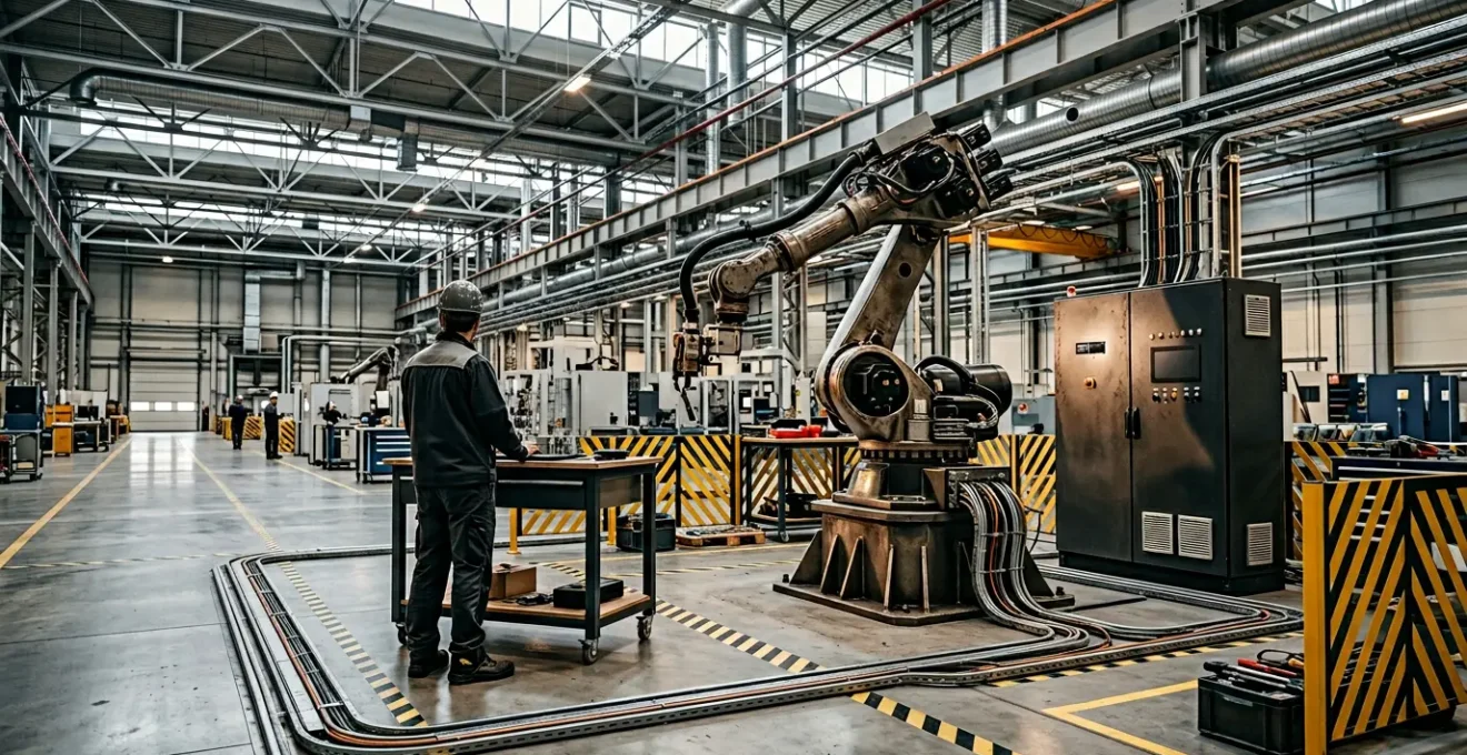 Technicien robotique réalisant des tests de démarrage sur une cellule robotisée dans un atelier industriel moderne