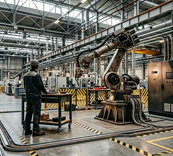 Technicien robotique réalisant des tests de démarrage sur une cellule robotisée dans un atelier industriel moderne